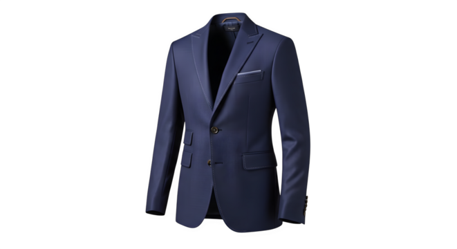 Mens dark blue suit jacket with a white pocket square, isolated on transparent background