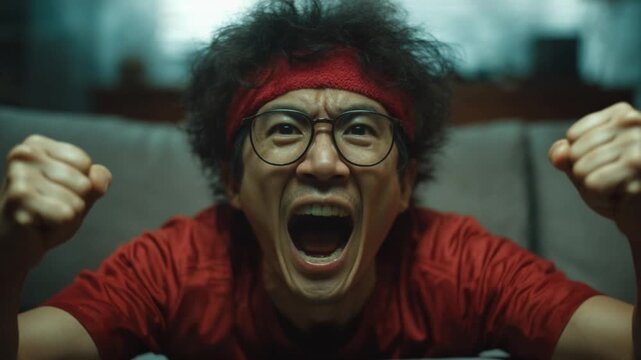 Intense Cheer: Capturing a moment of pure excitement as a fan exults with an open-mouthed scream, eyes wide with the thrill of victory.