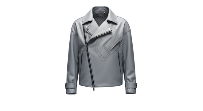 Grey leather biker jacket with zippers, isolated on transparent background
