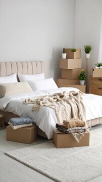 Bedroom interior with queen size bed, stacked moving boxes, and houseplants indicating relocation or moving to a new house.