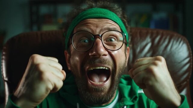 Excited Fan's Triumph: A close-up shot of a passionate fan, radiating excitement with upraised fists and an open mouth. Their intense focus and energy illuminate the thrill of victory.