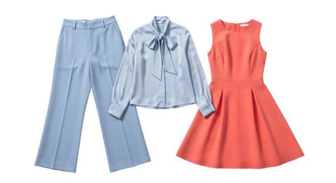 Light blue pants, blouse, and coral dress isolated on transparent background
