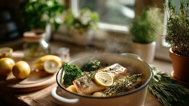 Grandma&rsquo;s enamel pot with fish and vegetables simmering, farmhouse kitchen nostalgia, warm family cooking, with copy space