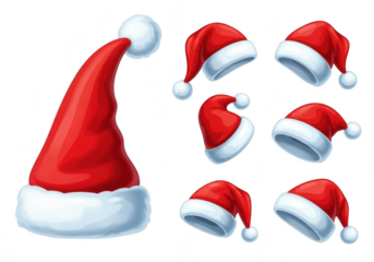 Collection of red santa hats isolated on transparent background