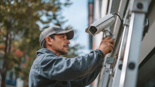 Security Camera Installation: A skilled technician diligently installs a security camera, emphasizing the importance of safety and surveillance in a modern urban environment.