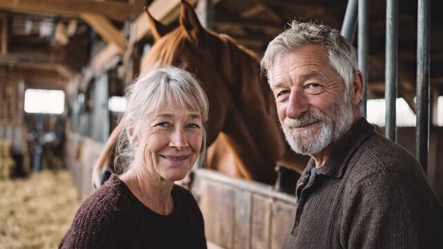 Senior couple feeding horse in stable together. Elderly pair petting animal at barn indoors. Mature retirees caring for equine friend happily. Active citizens enjoying rural hobby outdoors.