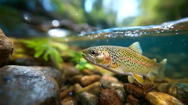 Crystal river eddy with rainbow trout hovering behind rock, polarized clarity, meditative freshwater scene, with copy space