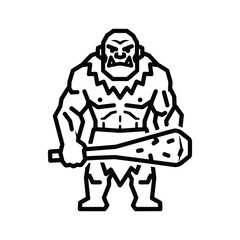 Ogre monster holding a club, black and white line art isolated on white