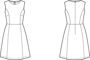 Women's technical fashion illustration of a sleeveless knee-length A-line dress with bodice shaping darts, vector flat sketch for apparel design, front and back view