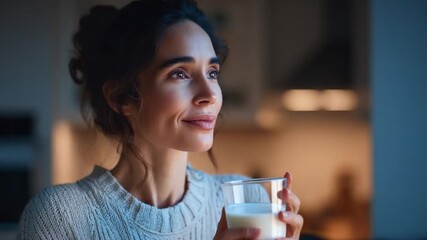 Serene Moment: A woman holds a glass of milk, her face is bathed in soft, interior light, evoking a feeling of tranquility and simple pleasure.