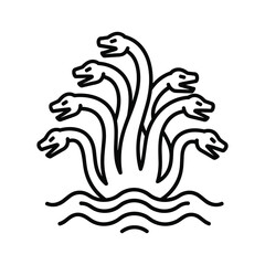 Mythological multiheaded hydra creature rising from water line art