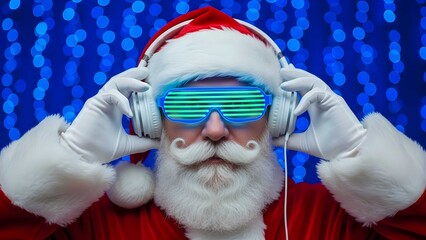 Santa Claus wearing futuristic glasses and headphones, listening to music