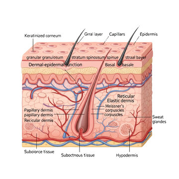 Detailed 2D flat vector illustration of a human skin cutaway section, clearly showing the keratinized layer, epidermis, and underlying connective tissues isolated on a bright white background.