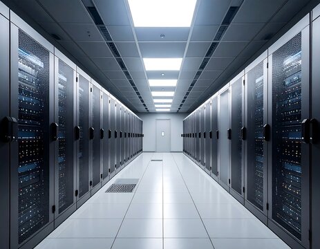 Modern data center with rows of server racks, lit by overhead lighting, and white door - Powered by Adobe