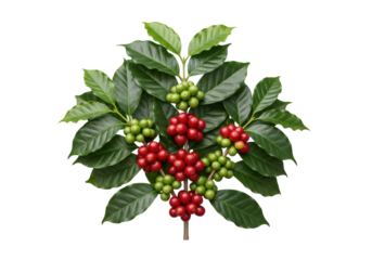 Detailed coffee plant branch with green leaves and vibrant red and lighter green ripe and unripe coffee cherries, clean transparent background with copy space, concept of coffee product purity