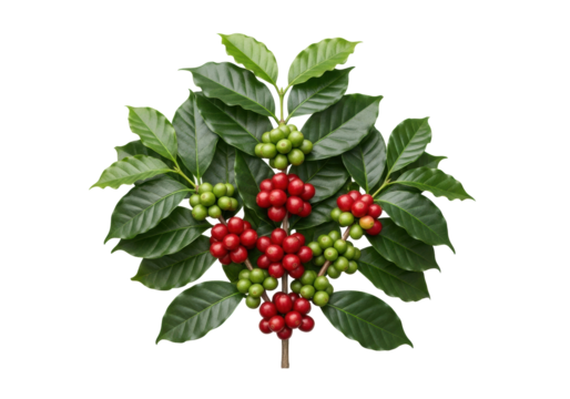 Detailed coffee plant branch with green leaves and vibrant red and lighter green ripe and unripe coffee cherries, clean transparent background with copy space, concept of coffee product purity