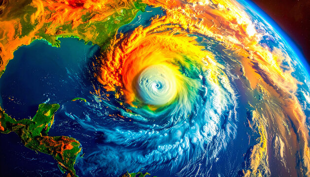 Thermal satellite image of a hurricane over the ocean, taken from a very high angle.