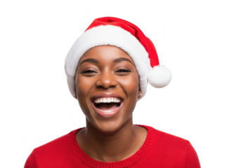 Joyful black woman wearing santa hat isolated on transparent background