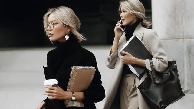 City Stroll and Business Calls: Two women navigates the cityscape, exemplifying the fast-paced life of modern working professionals.