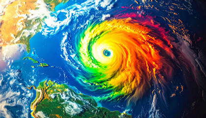 Thermal satellite image of a hurricane over the ocean, taken from a very high angle.