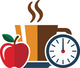 Vector graphic of a steaming brown cup a red apple and a clock face indicating a scheduled pause or break