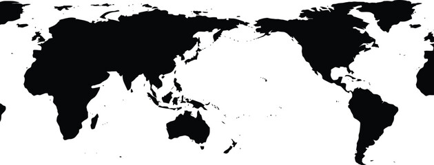 World map silhouette showing pacific ocean centered view with continents in black © alfa