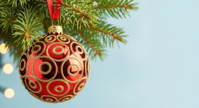 Red christmas ornament hanging on a pine branch