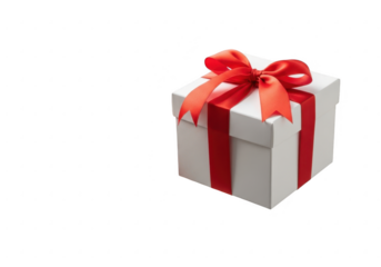 White gift box with red ribbon isolated on transparent background