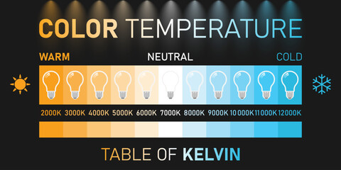Color temperature Kelvin scale. Led diagram with warm and daylight spectrum halogen and cool spectrum infographics vector