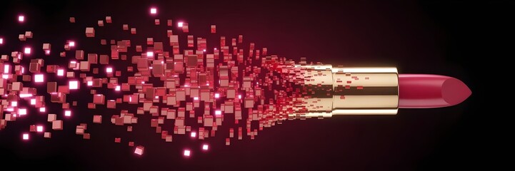 Red lipstick transforming into glowing pixel fragments – Suitable for futuristic cosmetics, makeup dissolution, or abstract art.