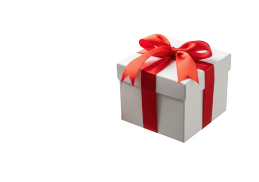 White gift box with red ribbon isolated on transparent background