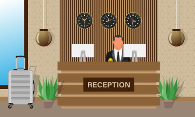 Hotel reception. Arriving guests at information, registration desk vector tourism concept