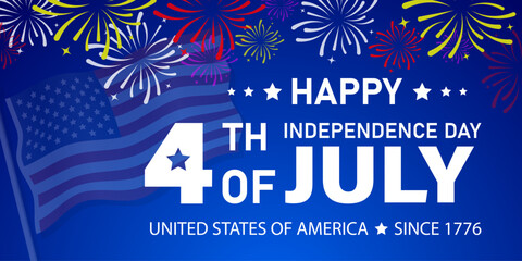 4th of July happy independence day background or banner design template with calligraphy text and fireworks