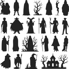 Set of spooky dark silhouette characters and haunted trees vector illustration for Halloween, gothic, horror, mystery, and fantasy design themes