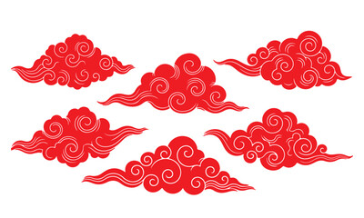 Whimsical Sky Set of Ornamental Red Clouds in Asian Style, Airy Shapes and Spirals
