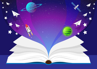 Open magic book, Concept of reading and literature. Education and knowledge vector concept. Banner books concept.