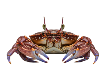 Live freshwater crab with brown/red-orange specked carapace, purple-blue claw tips, and eyes on stalks, gazing at viewer on a transparent studio background with copy space. Concept for commercial