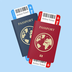 Two passports with boarding passes. Airplane tickets inside passports. Air travel concept. Tourism concept. Vector illustration