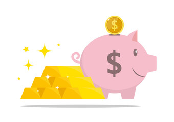 Gold bars and piggy bank for saving money, Finance and money concept, A lot of money and gold bar.