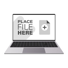 Laptop with place file here on screen drag and drop to upload or add file concept illustration vector