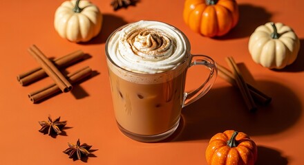 Iced pumpkin spice latte with whipped cream and cinnamon surrounded by pumpkins and spices on an orange background for a festive autumn treat