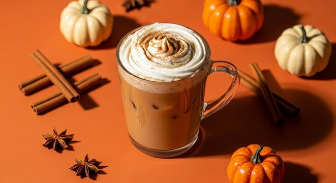 Iced pumpkin spice latte with whipped cream and cinnamon surrounded by pumpkins and spices on an orange background for a festive autumn treat
