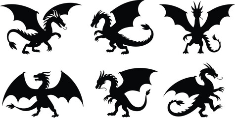 Set of fantasy dragon silhouettes with wings and claws, mythical creature vector illustration for tattoo, logo, fantasy art, and design