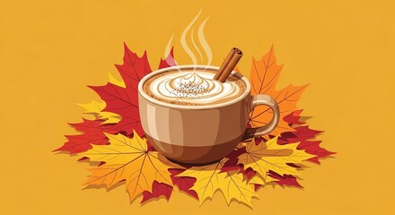 Cozy autumn scene with a pumpkin spice latte and colorful fall leaves creating a warm and inviting seasonal atmosphere for relaxation
