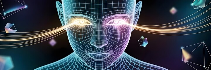 Serene face sculpted from luminous cyan light grids and golden streams – Great for well-being, technological integration, or artistic rendering.