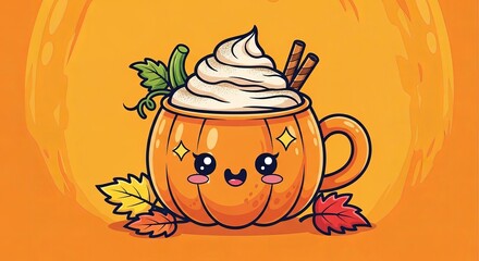 Adorable pumpkin spice latte cartoon character with whipped cream and autumn leaves on a bright orange background for fall themed designs