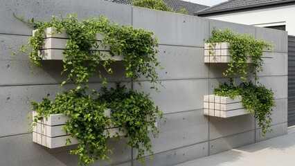 Minimalist concrete wall featuring rectangular planters with hanging green plants for modern outdoor decor.  
