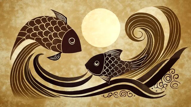 Woodblock print style illustration of fish waves and moon, traditional Japanese aesthetic, textured paper look, with copy space