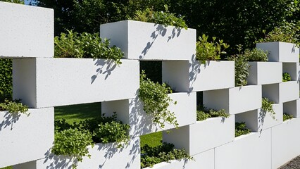 Modern geometric white fence featuring open block design with integrated green plants for natural decoration.  
