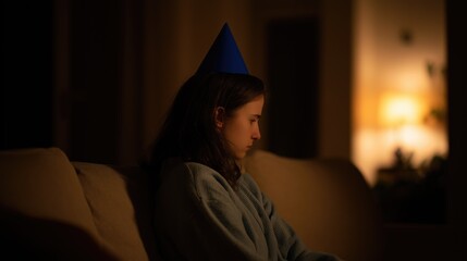 A sad girl in a blue party hat sits on the sofa. Sadness. Solitude. Upset. Young woman with a melancholy